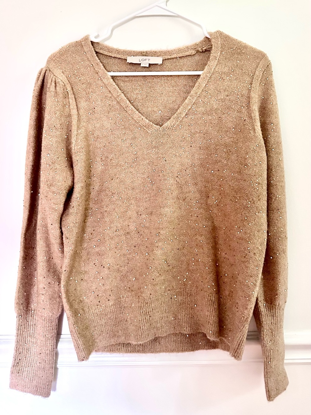 Loft Sequin Vneck Sweater Tan Gold Shimmer Puff Sleeve Knit Pullover Shimmer Sm